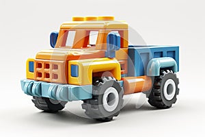 Colorful toy truck isolated on a white background. Side view. Cartoonish fantastic childrens car. Concept of kids toys