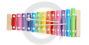 Colorful toy xylophone isolated on white, top view