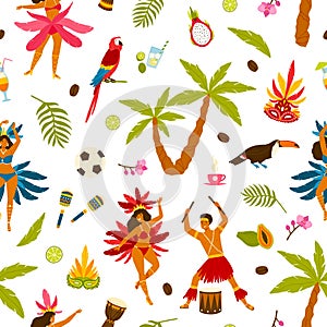 Colorful traditional Brazilian attributes seamless pattern. Man and woman in national carnival costumes dancing samba