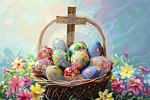 Colorful Traditional Easter Eggs Basket with Cross and Flowers