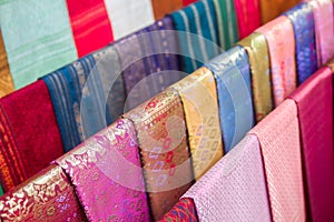 colorful traditional Lao silk textiles, Luang Prabang, Laos