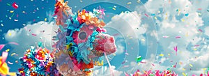Colorful traditional mexican handcrafted pony shaped pinata with blue sky on the background. Banner with copy space