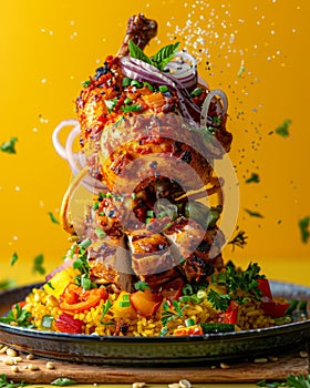 Colorful Traditional Middle Eastern Cuisine Feast with Rice and Grilled Chicken Topped with Herbs and Spices on Vibrant Yellow