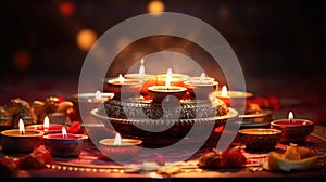 Colorful traditional oil lamps diya lit during diwali celebration. Hindu festival of lights celebration. AI generated