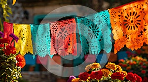 Colorful traditional papel picado banners fluttering in the breeze photo