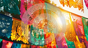 Colorful traditional papel picado banners fluttering in the sunlight photo