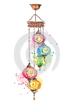 Colorful traditional turkish, asian lamp, watercolor illustration