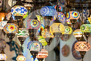 Colorful traditional Turkish lanterns for sale in the bazaar