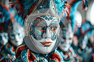 Colorful Traditional Venetian Carnival Masks in a Row, Intricate Detail and Festive Celebration Concept