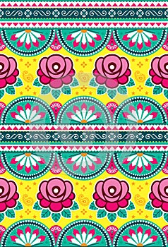 Indian and Pakistani truck art vector seamless textile or fabric print pattern design with roses, floral Diwali vibrant blackgroun photo