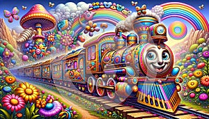 Colorful train ride through a vibrant fantasy landscape