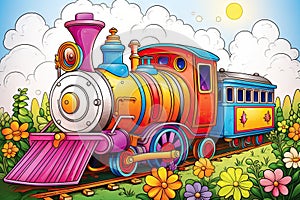 a colorful train is on the tracks in a field of flowers. generative ai