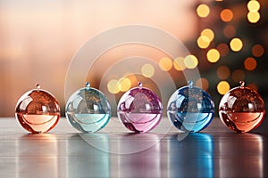 Colorful transparent christmas balls on festive blur light background. Illustration. Copy space