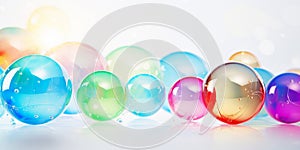 Colorful transparent christmas balls on white background. Illustration for desing, print. Copy space