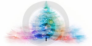 Colorful transparent christmas trees on white background. Illustration. Banner. Copy space