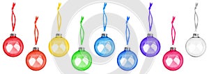 Colorful transparent glass balls hanging on ribbon set white background isolated closeup, Ð¡hristmas tree decoration collection