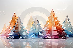 Colorful transparent glass christmas trees on light background. Illustration New Year celebration.