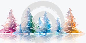 Colorful transparent glass christmas trees on white background. Illustration. Banner