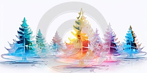 Colorful transparent glass christmas trees on white background. Illustration. Banner