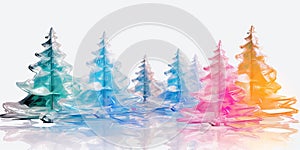 Colorful transparent glass christmas trees on white background. Illustration. Banner