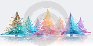 Colorful transparent glass christmas trees on white background. Illustration. Banner.