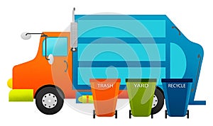 Colorful Trash Truck and Garbage Cans Illustration Isolated on White with Clipping Path