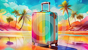 colorful travel suitcase on the beach