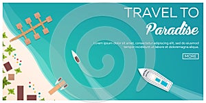 Colorful Travel to Paradise. Tropical beach. Cruise liner. Best cruise. Vector flat banner for your business.