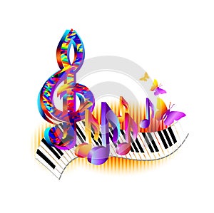 Colorful treble clef, 3d music notes with piano keyboard and butterfly.