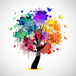 Colorful tree background with paint splat and butterflies