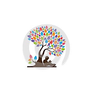 Colorful Tree with children read book dream Logo vector template, Illustration symbol, Creative design
