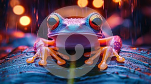Colorful tree frog on a leaf in vibrant rain with glowing bokeh lights. Exotic wildlife focus photo