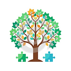 Colorful Tree with Puzzle Pieces: Symbol of Growth, Unity and Problem-Solving concept