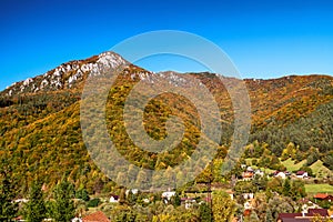 Colorful trees in autumn forest. Hill Sip over village Rojkov - Stankovany, Slovakia