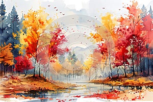 Colorful trees Autumn watercolor illustration, ideal for vibrant seasonal postcards