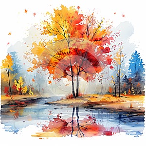 Colorful trees Autumn watercolor illustration, ideal for vibrant seasonal postcards