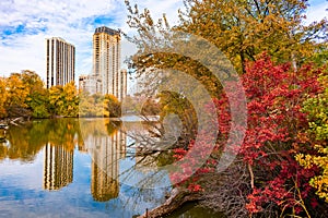 Colorful Trees and Plants surrounding North Pond in Lincoln Park Chicago during Autumn