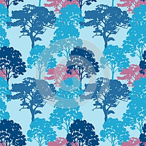 Colorful trees seamless pattern on light background. Forest blue pink botanical design for home textiles