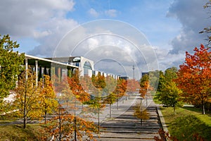 Colorful trees on a sunny day in Berlin, government district during autumn