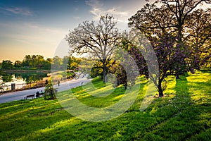 Colorful trees and view of Druid Lake in Druid Hill Park, Baltimore, Maryland.