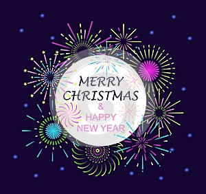 Colorful trendy fireworks on xmas banner. Celebration of merry christmas carnival, happy New year pyrotechnics for