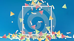 Colorful triangle, circle and ribbon confetti falling on white rectangle frame with blue background, paper art/paper cutting style