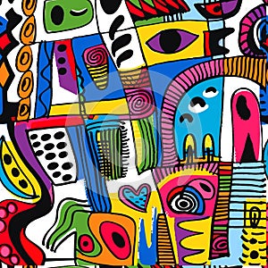 Colorful tribal ethnic african egyptian doodle abstract shapes, lines, eyes hand drawn seamless pattern. Bright ornamental drawing