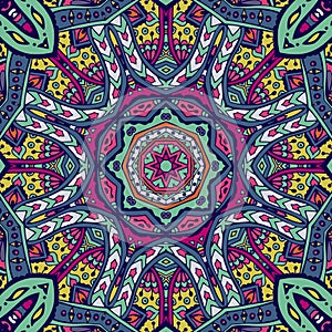 Colorful Tribal Ethnic Festive Abstract Floral Vector Pattern. Geometric mandala meditation trance frame border