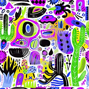 Colorful tribal ethnic mexican style doodle abstract shapes, lines, green cactus hand drawn seamless pattern. Bright ornamental