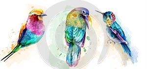 Colorful tropic birds watercolor Vector. Beautiful parrots, humming bird exotic set collections