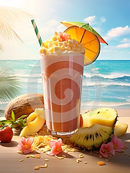 Colorful tropic cocktail over ocean background. Suitable for posters, banners, covers and other ad purposes. Holidays set with
