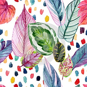 Colorful tropic summer background: watercolor leaves, abstract brushstrokes in retro 90s style