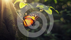 Colorful tropical background. bright orange monarch butterfly on a tree