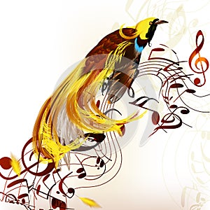 Colorful tropical bird with staves and notes